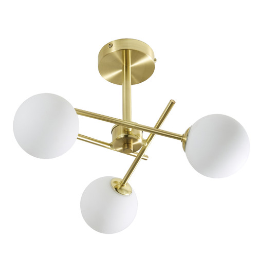 Forum Spa Lindos Satin Brass/Opal 390mm 3 Lamp Cross Arm Semi-Flush Ceiling Light - SPA-35836-SBRS Viewed from a Different Angle