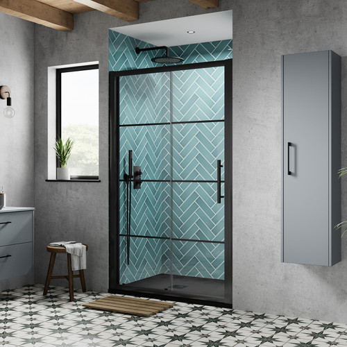 Hudson Reed Apex Matt Black 1400mm Single Sliding Shower Door - ADSL14-E8 Roomset