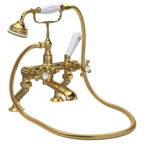 Hudson Reed Topaz Brushed Brass with White Crosshead Bath Shower Mixer Tap and Shower Kit with Hex Collar - BC804HX Main Image