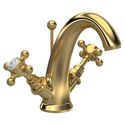 Hudson Reed Topaz Brushed Brass Crosshead Mono Basin Mixer with Hex Collar - BC805HX Main View