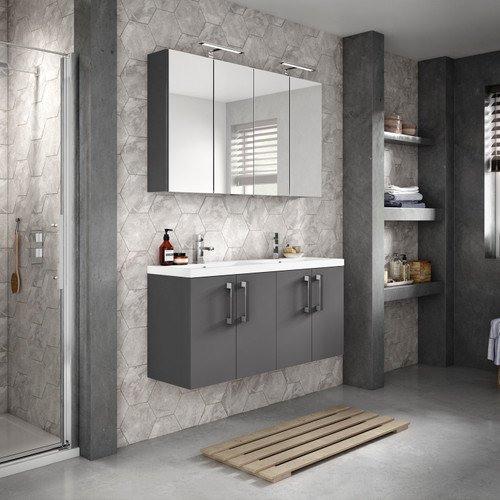 Hudson Reed Fusion Gloss Grey 1200mm Wall Hung Full Depth 4 Door Vanity Unit with Double Ceramic Basin - CBI933A Roomset