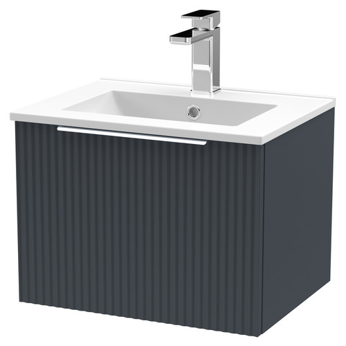 Hudson Reed Fluted Satin Anthracite 500mm Wall Hung Single Drawer Vanity Unit with 18mm Profile Basin - DFF1491B Main View