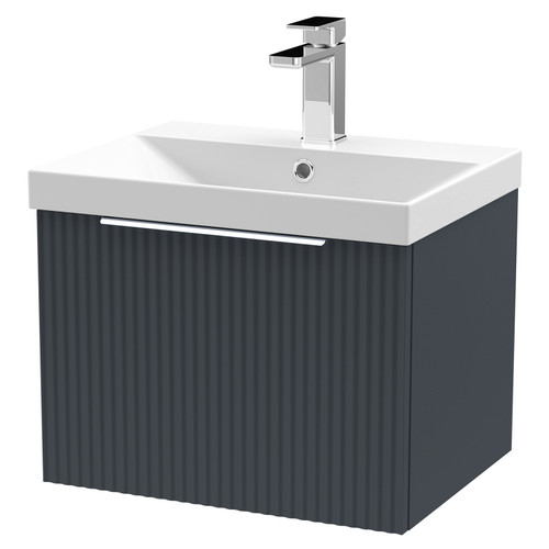 Hudson Reed Fluted Satin Anthracite 500mm Wall Hung Single Drawer Vanity Unit with 50mm Profile Basin - DFF1491D Main View