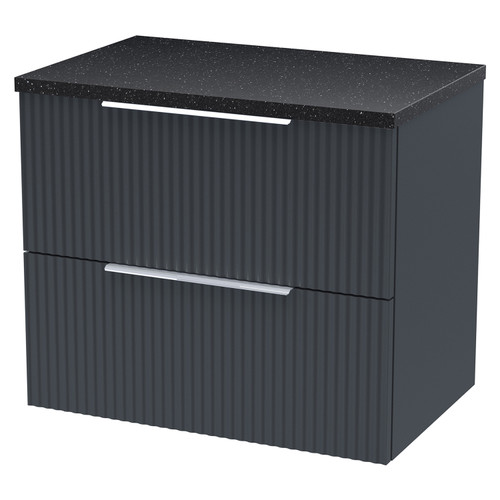 Hudson Reed Fluted Satin Anthracite 600mm Wall Hung 2 Drawer Vanity Unit with Sparkling Black Worktop - DFF1493LSB Main View