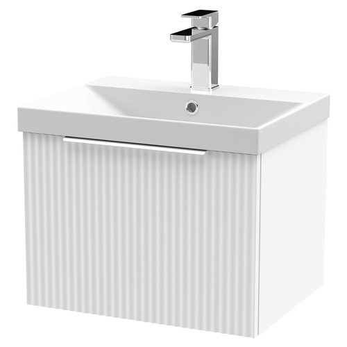 Hudson Reed Fluted Satin White 500mm Wall Hung Single Drawer Vanity Unit with 50mm Profile Basin - DFF191D Main View