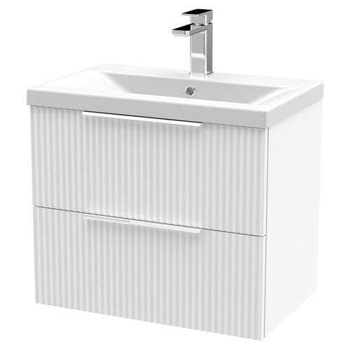 Hudson Reed Fluted Satin White 600mm Wall Hung 2 Drawer Vanity Unit with 40mm Profile Basin - DFF193A Main View