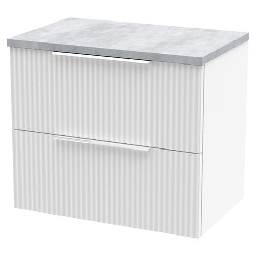 Hudson Reed Fluted Satin White 600mm Wall Hung 2 Drawer Vanity Unit with Grey Worktop - DFF193LBG Main View