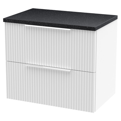 Hudson Reed Fluted Satin White 600mm Wall Hung 2 Drawer Vanity Unit with Sparkling Black Worktop - DFF193LSB Main View
