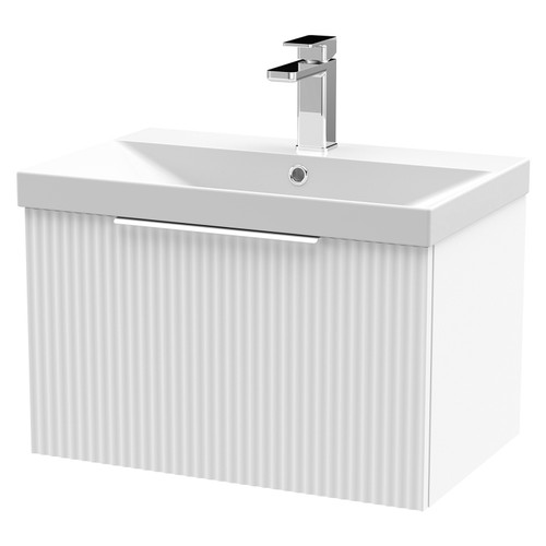 Hudson Reed Fluted Satin White 600mm Wall Hung Single Drawer Vanity Unit with 50mm Profile Basin - DFF194D Main View