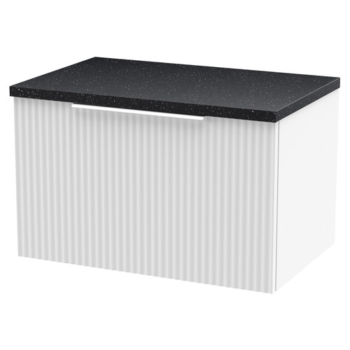 Hudson Reed Fluted Satin White 600mm Wall Hung Single Drawer Vanity Unit with Sparkling Black Worktop - DFF194LSB Main View