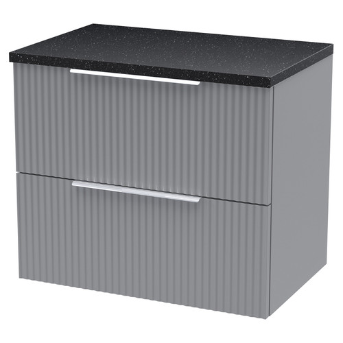 Hudson Reed Fluted Satin Grey 600mm Wall Hung 2 Drawer Vanity Unit with Sparkling Black Worktop - DFF293LSB Main View