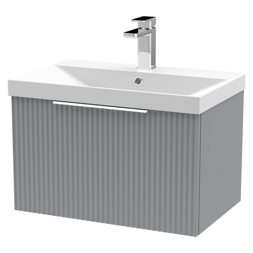 Hudson Reed Fluted Satin Grey 600mm Wall Hung Single Drawer Vanity Unit with 50mm Profile Basin - DFF294D Main View