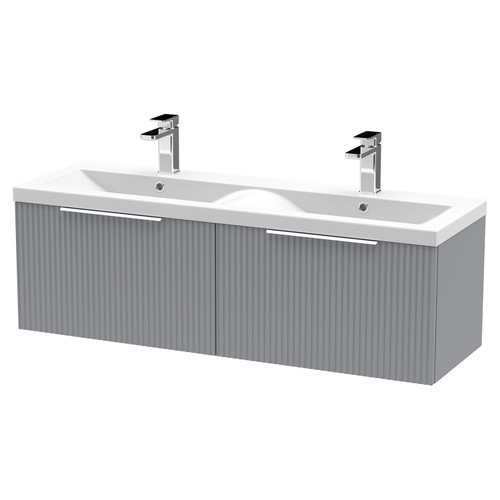 Hudson Reed Fluted Satin Grey 600mm Wall Hung Single Drawer Vanity Unit with Double Ceramic Basin - DFF294F Main View