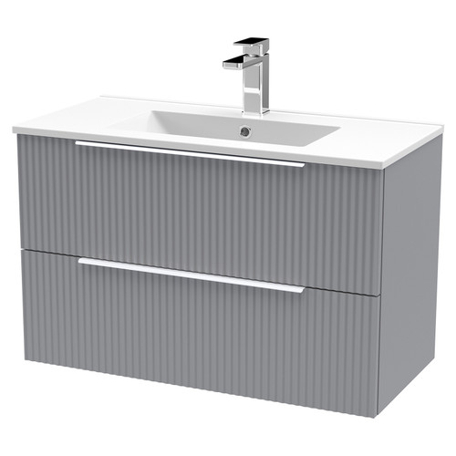 Hudson Reed Fluted Satin Grey 800mm Wall Hung 2 Drawer Vanity Unit with 18mm Profile Basin - DFF295B Main View