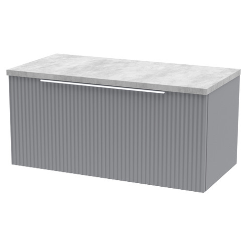 Hudson Reed Fluted Satin Grey 800mm Wall Hung Single Drawer Vanity Unit with Grey Worktop - DFF296LBG Main View