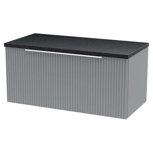 Hudson Reed Fluted Satin Grey 800mm Wall Hung Single Drawer Vanity Unit with Sparkling Black Worktop - DFF296LSB Main View