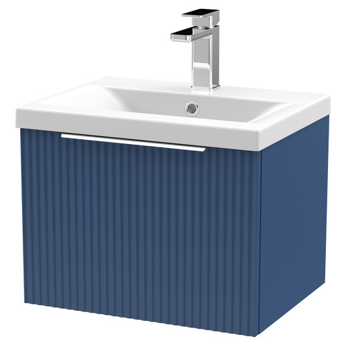 Hudson Reed Fluted Satin Blue 500mm Wall Hung Single Drawer Vanity Unit with 40mm Profile Basin - DFF391A Main View