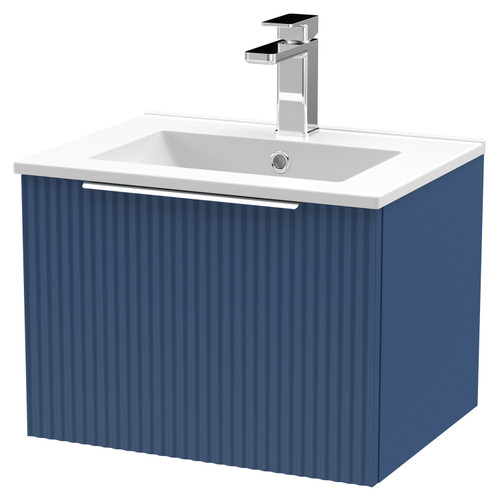 Hudson Reed Fluted Satin Blue 500mm Wall Hung Single Drawer Vanity Unit with 18mm Profile Basin - DFF391B Main View