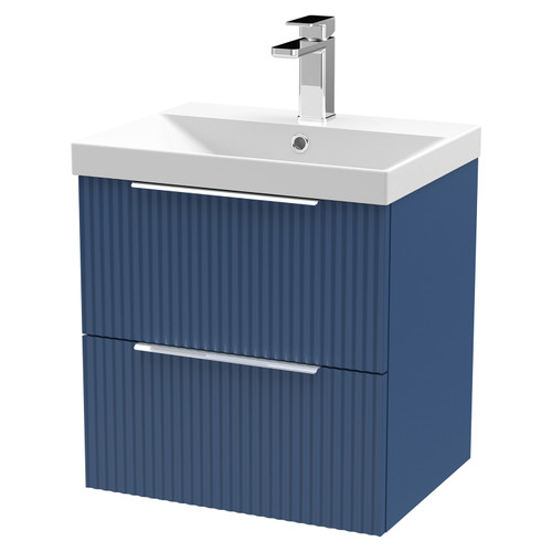 Hudson Reed Fluted Satin Blue 500mm Wall Hung 2 Drawer Vanity Unit with 50mm Profile Basin - DFF392D Main View