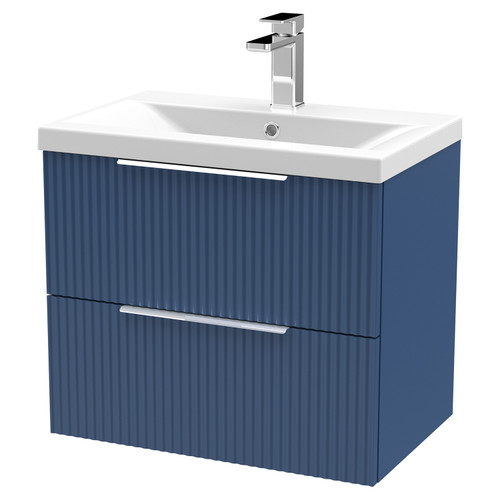Hudson Reed Fluted Satin Blue 600mm Wall Hung 2 Drawer Vanity Unit with 40mm Profile Basin - DFF393A Main View