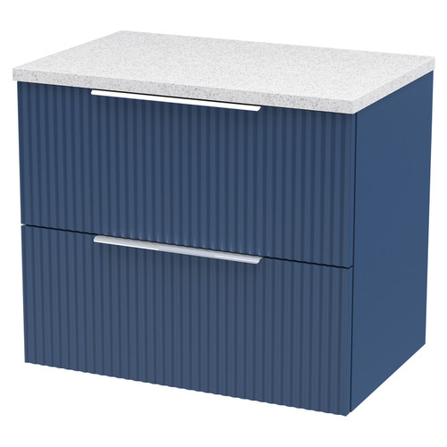 Hudson Reed Fluted Satin Blue 600mm Wall Hung 2 Drawer Vanity Unit with Sparkling White Worktop - DFF393LSW Main View