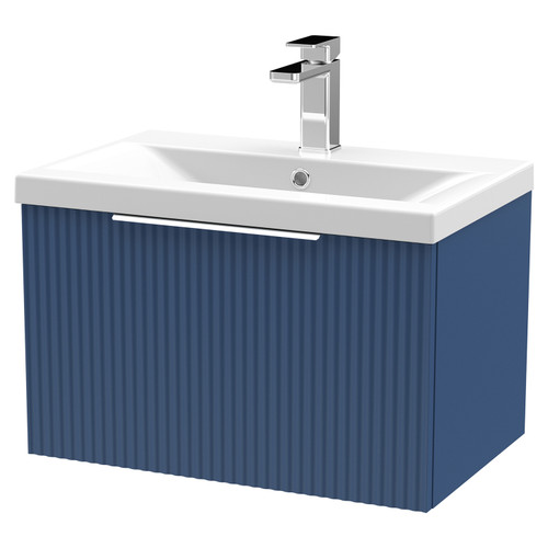 Hudson Reed Fluted Satin Blue 600mm Wall Hung Single Drawer Vanity Unit with 40mm Profile Basin - DFF394A Main View