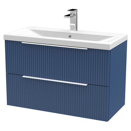 Hudson Reed Fluted Satin Blue 800mm Wall Hung 2 Drawer Vanity Unit with 40mm Profile Basin - DFF395A Main View