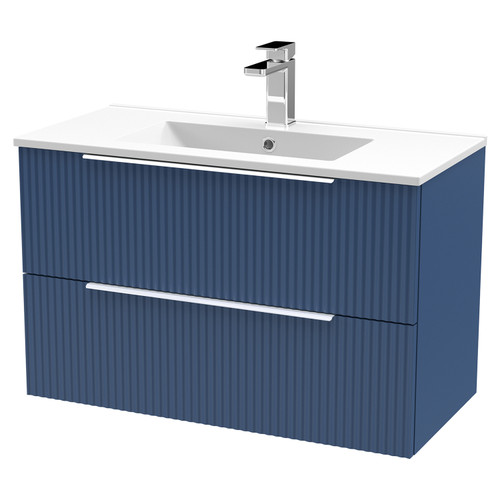 Hudson Reed Fluted Satin Blue 800mm Wall Hung 2 Drawer Vanity Unit with 18mm Profile Basin - DFF395B Main View