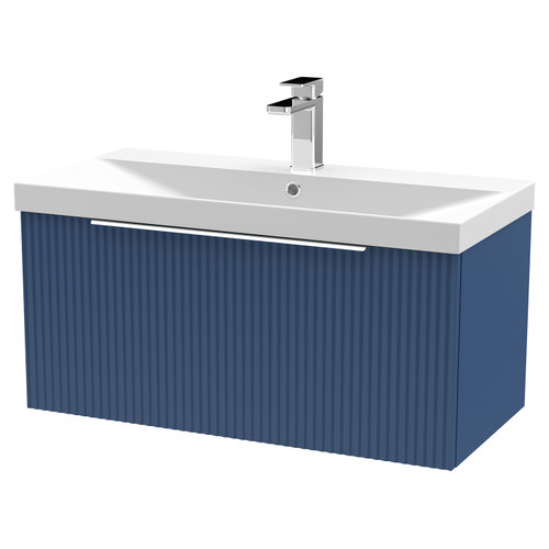 Hudson Reed Fluted Satin Blue 800mm Wall Hung Single Drawer Vanity Unit with 50mm Profile Basin - DFF396D Main View