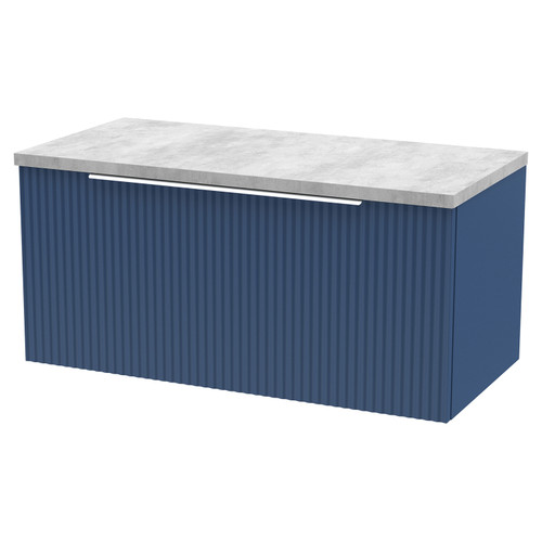 Hudson Reed Fluted Satin Blue 800mm Wall Hung Single Drawer Vanity Unit with Grey Worktop - DFF396LBG Main View