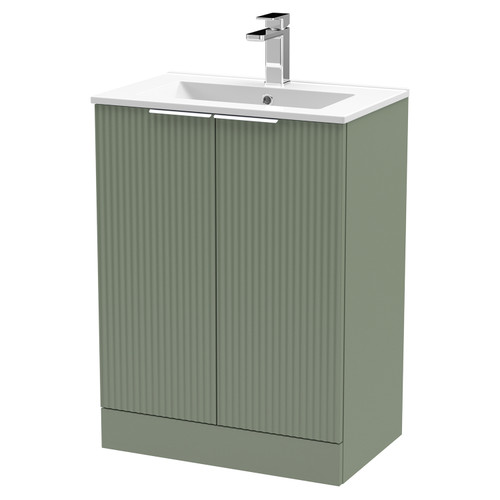 Hudson Reed Fluted Satin Green 600mm 2 Door Vanity Unit with 18mm Profile Basin - DFF825B Main View