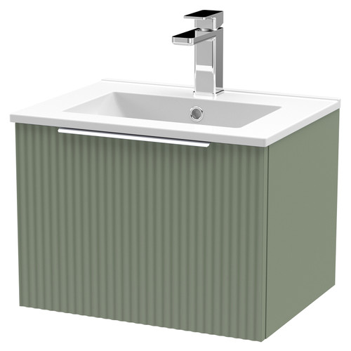 Hudson Reed Fluted Satin Green 500mm Wall Hung Single Drawer Vanity Unit with 18mm Profile Basin - DFF891B Main View