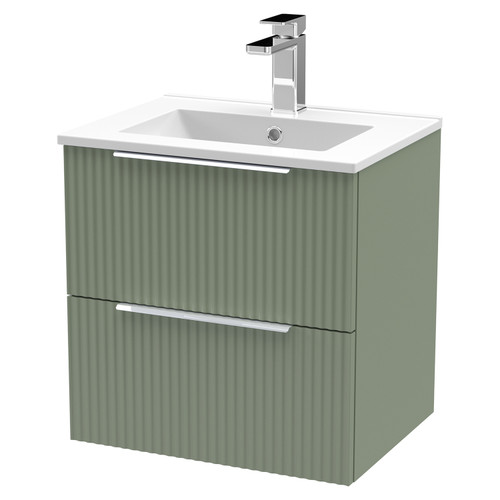 Hudson Reed Fluted Satin Green 500mm Wall Hung 2 Drawer Vanity Unit with 18mm Profile Basin - DFF892B Main View