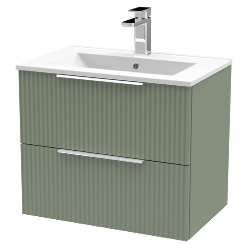Hudson Reed Fluted Satin Green 600mm Wall Hung 2 Drawer Vanity Unit with 18mm Profile Basin - DFF893B Main View
