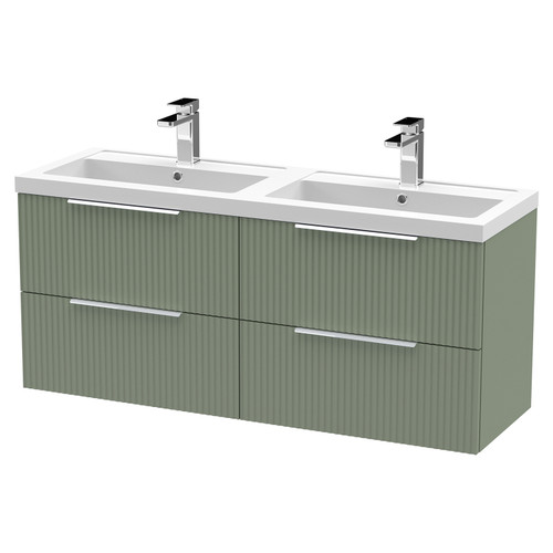 Hudson Reed Fluted Satin Green 1200mm Wall Hung 4 Drawer Vanity Unit with Double Polymarble Basin - DFF893C Main View