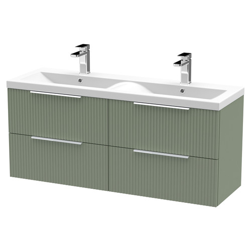 Hudson Reed Fluted Satin Green 1200mm Wall Hung 4 Drawer Vanity Unit with Double Ceramic Basin - DFF893F Main View