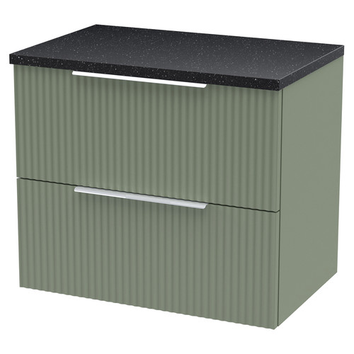 Hudson Reed Fluted Satin Green 600mm Wall Hung 2 Drawer Vanity Unit with Sparkling Black Worktop - DFF893LSB Main View