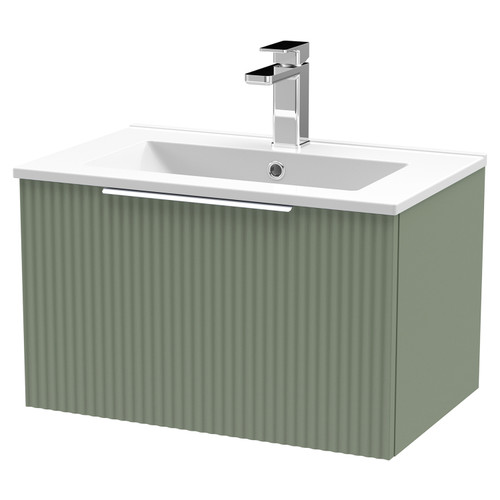 Hudson Reed Fluted Satin Green 600mm Wall Hung Single Drawer Vanity Unit with 18mm Profile Basin - DFF894B Main View