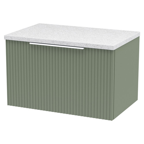 Hudson Reed Fluted Satin Green 600mm Wall Hung Single Drawer Vanity Unit with Sparkling White Worktop - DFF894LSW Main View