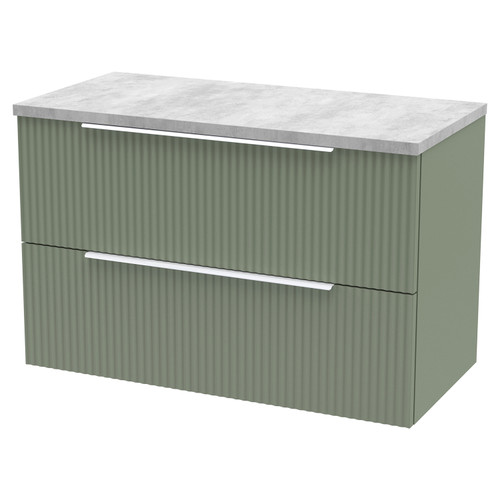 Hudson Reed Fluted Satin Green 800mm Wall Hung 2 Drawer Vanity Unit with Grey Worktop - DFF895LBG Main View