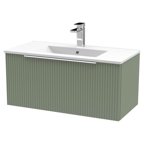 Hudson Reed Fluted Satin Green 800mm Wall Hung Single Drawer Vanity Unit with 18mm Profile Basin - DFF896B Main View