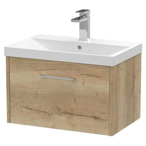 Hudson Reed Juno Autumn Oak 600mm Wall Hung Single Drawer Vanity Unit with 50mm Profile Basin - JNU1822D Main View