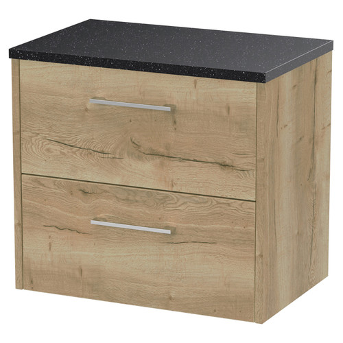 Hudson Reed Juno Autumn Oak 600mm Wall Hung 2 Drawer Vanity Unit with Sparkling Black Worktop - JNU1824LSB Main View