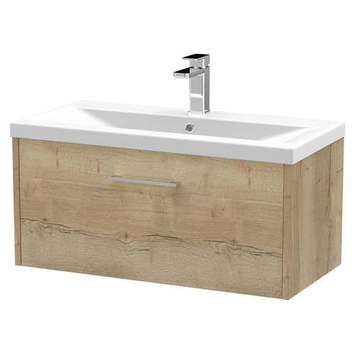 Hudson Reed Juno Autumn Oak 800mm Wall Hung Single Drawer Vanity Unit with 40mm Profile Basin - JNU1825A Main View