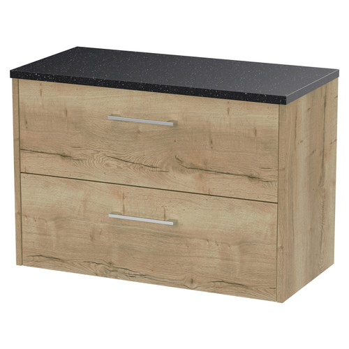 Hudson Reed Juno Autumn Oak 800mm Wall Hung 2 Drawer Vanity Unit with Sparkling Black Worktop - JNU1826LSB Main View