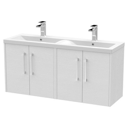 Hudson Reed Juno White Ash 1200mm Wall Hung 4 Door Vanity Unit with Double Ceramic Basin - JNU2123F Main View