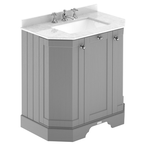 Old London Storm Grey 750mm Angled 3 Door Vanity Unit with White Marble Top and Basin with 3 Tap Holes - LOF214 Main View
