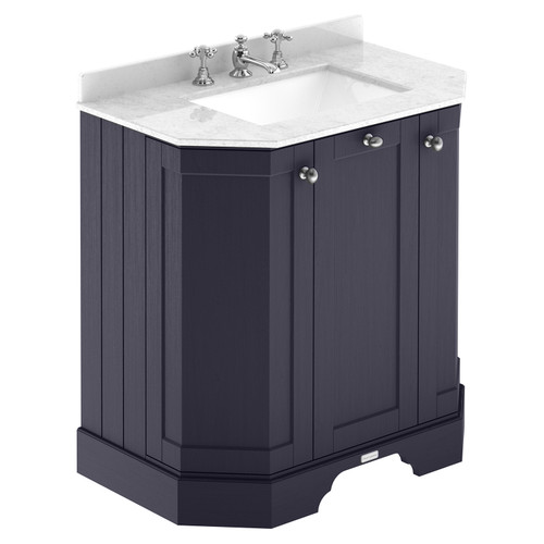 Old London Twilight Blue 750mm Angled 3 Door Vanity Unit with White Marble Top and Basin with 3 Tap Holes - LOF314 Main View