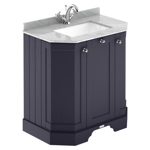 Old London Twilight Blue 750mm Angled 3 Door Vanity Unit with Grey Marble Top and Basin with 1 Tap Hole - LOF316 Main View