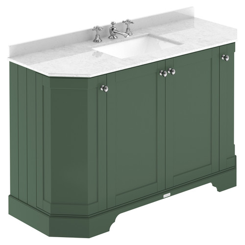 Old London Hunter Green 1200mm Angled 4 Door Vanity Unit with White Marble Top and Basin with 3 Tap Holes - LOF858 Main View